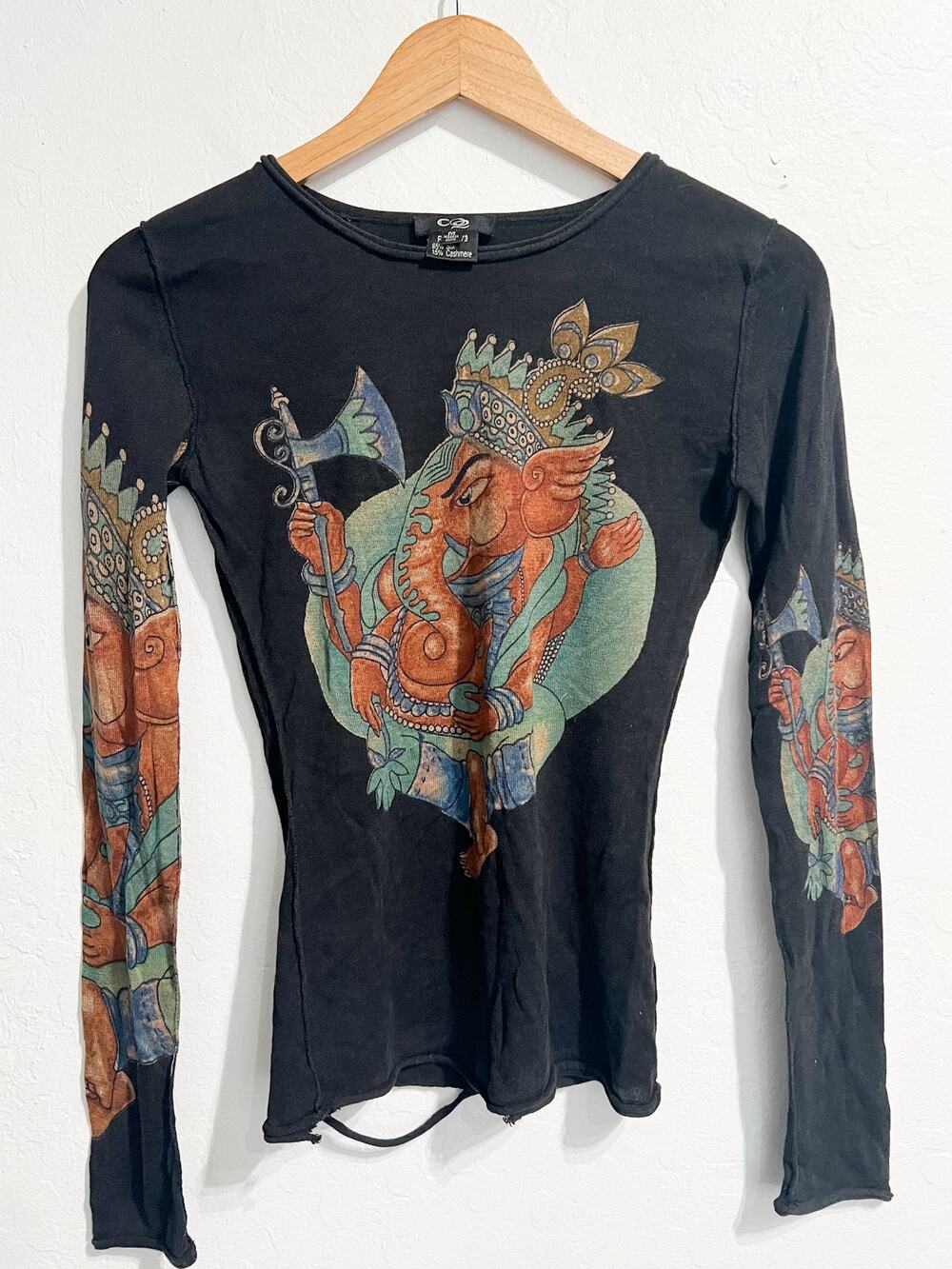 VTG CO2 Y2K Top M Knit Silk Cashmere 2000s 90s Distress Hindu Lord Ganesha Black